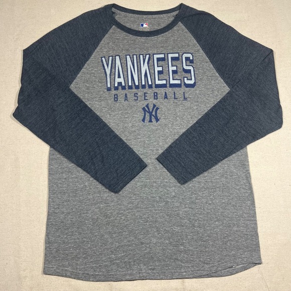 MLB‎ New York Yankees Baseball Gray Blue Long Sleeve Raglan T Shirt XL - Picture 2 of 7